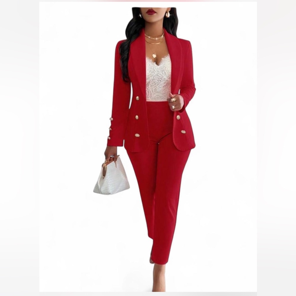 Amarilo Solid Color Shaw Neck Double-Breasted Blazer & Pants 2 Pieces Suit